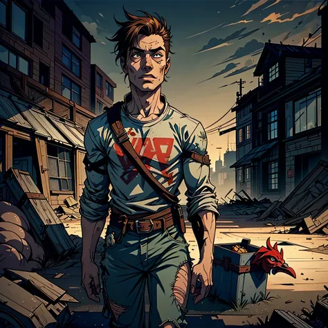 (best quality:1.2),artwork,detailed,young,boy,post-apocalyptic,zombie,hunting,chickens,colorful,illustration,desolate landscape,ruined buildings,tattered clothes,weapon,alert expression,resourceful,alone in the world,adventure,emerging from the shadows,viv...