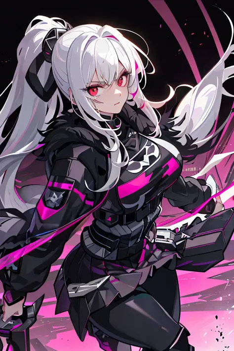 (art, best quality, ultra-detailed, high contrast), 1 woman, (solitary, full-bodied, plus size, standing alone on the edge of a towering skyscraper, silver hair flowing in a long ponytail, broken ruby red eyes brimming with tears, dressed in leggings with ...