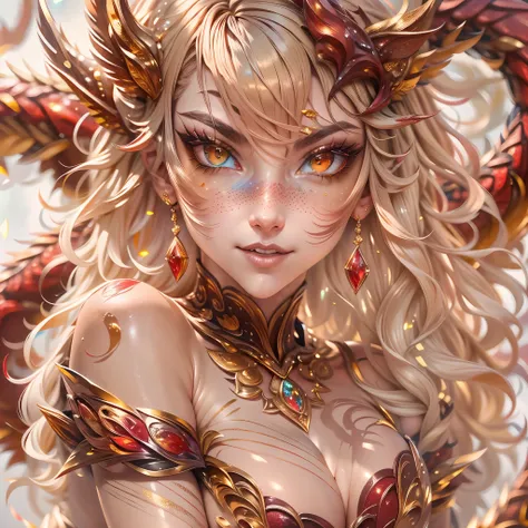 (best quality,4k,8k,highres,masterpiece:1.2, portrait), ultra-detailed, realistic, naked sexy dragon woman with red and gold glittering scales, skin is glittering ruby and golden scales, long wavy blonde hair with red highlights, very playful but mischievo...