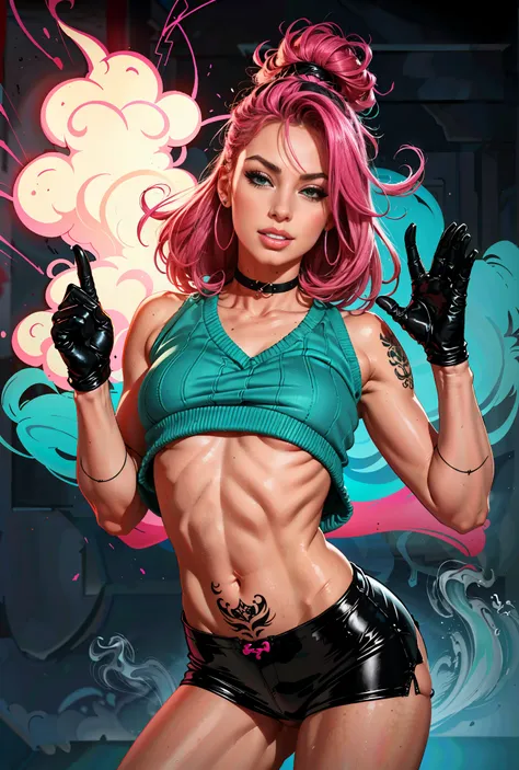 kpop girl with rizz smile face, bad ass, black gloves, bobba shake, neon cyan pink hair, tattoos on hands and neck, piercing, bl...