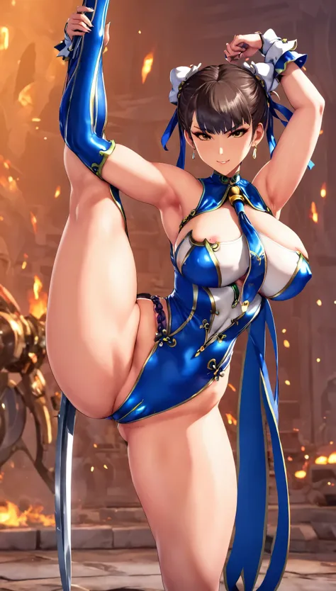 Eve wearing costume of chun li and doing standing split, eve, Stellar Blade, chunli Large breast, curvy body, thicc thighs, 1girl,solo,heavy makeup,cute,earrings,ring braid,(lewd smile:1.1),holding thigh,long ponytail,idol,hooker, Chun li costume, (battleg...