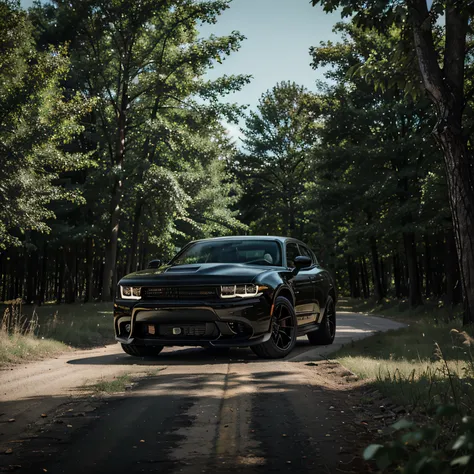 Black dodge hellcat in forest 