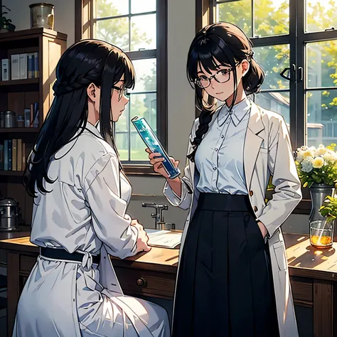 (highest quality、masterpiece、High resolution)、(Sargent-style watercolor)、(anime art)、soft light、((two women))、((The two are talking while looking at documents.))、17 years old、18-year-old、medium short hair、semi-long、hair up、black hair、dark brown hair、braide...