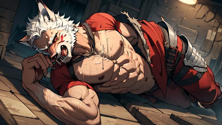 nsfw, ((((High resolution, best quality, masterpiece, high detailed)))), ((Hungry Wolf, anthro, muscular werewolf)), red eyes, 3x3 eyes, grey skin, muscular male,
He wore a red shirt, (Broken Armor), ((torn clothes)), battle armor,
high moral sexy werewolf...