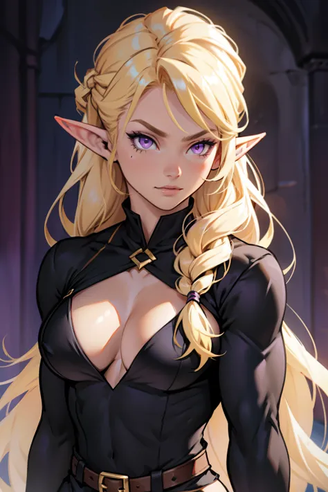 ((1 girl)), (solo), elf with pointy ears, (((muscular body))), purple eyes, blonde hair, long hair, average breasts, wearing a black dress