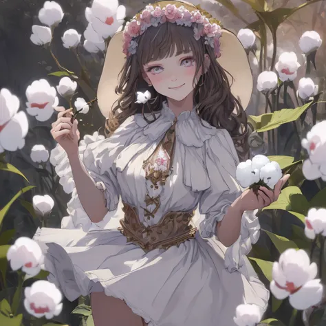 (masterpiece:1.3), (absurdres:1.3), (best quality:1.3), (ultra-detailed:1.3), 1 girl, wearing lavaender theme clothes, holding a cotton flower in her hand, then smiling sweetly, with unmistakable dimples too deep, and beautiful eyes