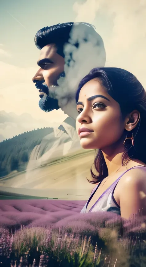 Combine a portrait of a indian man and a indian woman  with a serene natural lavender landscape, creating a harmonious double exposure effect, double exposure drama poster style,