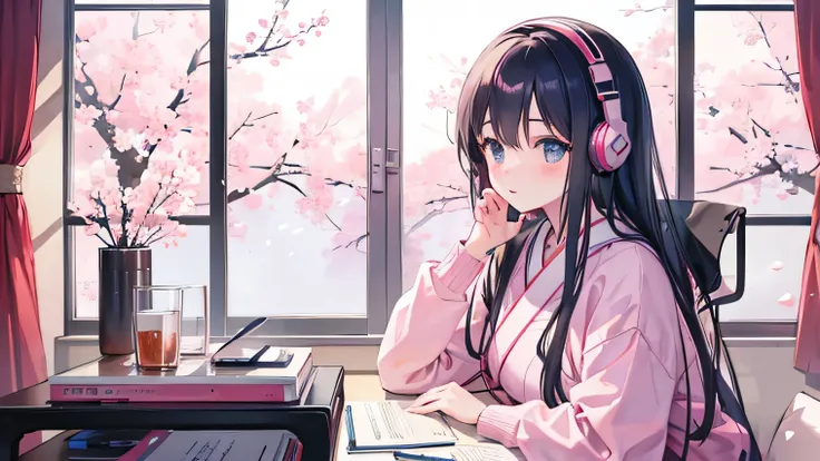 Beautiful girl studying while listening to music on headphones in her room　warm lighting　There are cherry blossoms outside my room　Japanese anime style