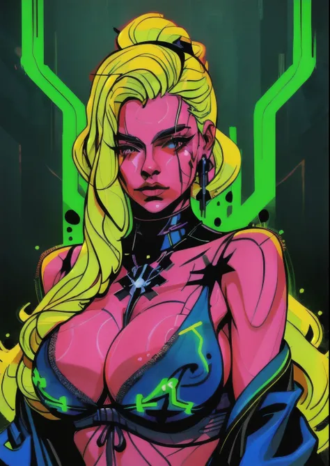 a digital painting of a woman with royal blue and yellow hair, wearing xmen rogue clothes, behance contest winner, afrofuturism, synthwave, neon, glowing neon, huge breast