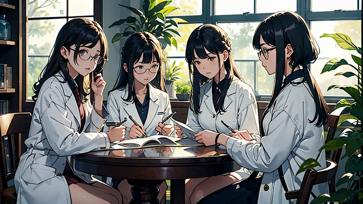 (highest quality、masterpiece、High resolution)、(Sargent-style watercolor)、(anime art)、soft light、((three women))、((The three are talking while looking at documents.))、17 years old、18-year-old、medium short hair、semi-long、hair up、black hair、dark brown hair、br...