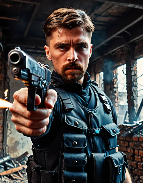 Soldier with dark uniform, pointing pistol at the viewer, m1911, ruined background, realistic, stylish, rutkowski, goatee, brown hair, buzz hair, blue eyes, cigarette in mouth, tactical vest, intricate details, hyperdetailed, cinematic, rim light, danger a...