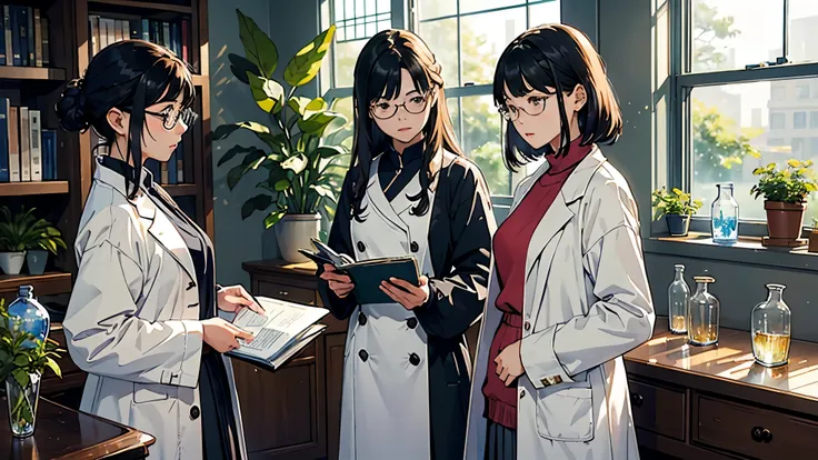 (highest quality、masterpiece、High resolution)、(Sargent-style watercolor)、(anime art)、soft light、((three women))、((The three are talking while looking at documents.))、17 years old、18-year-old、medium short hair、semi-long、hair up、black hair、dark brown hair、br...