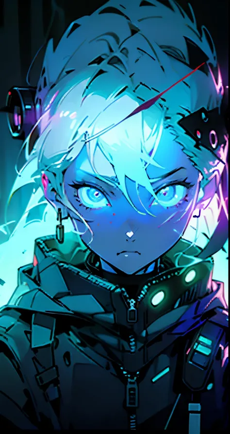 (best quality,highres,ultra-detailed,realistic:1.2),portrait,neon cyberpunk hoodie,man,stoic expression,white hair,purple glowing radiant eyes,hood up,detailed,night cityscape,graffiti walls,sleek cybernetic enhancements,urban setting,neon lights,smoke eff...