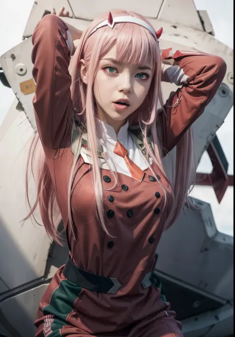 zero two \(darling in the franxx\), 1girl, horns, pink hair, solo, long hair, hairband, white hairband, uniform, candy, military...