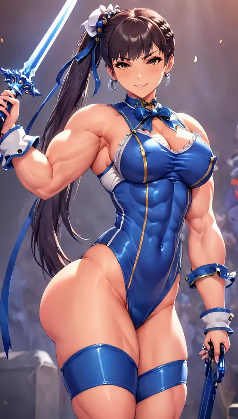 Eve wearing Chun Lis costume, Stellar Blade, large breast, thick thighs, muscular, curvy body,1girl,solo,heavy makeup,cute,earrings,ring braid,(lewd smile:1.1),holding mechanical sword,ponytail,idol,hooker, Chun Lis uniform,(battleground:1.1),