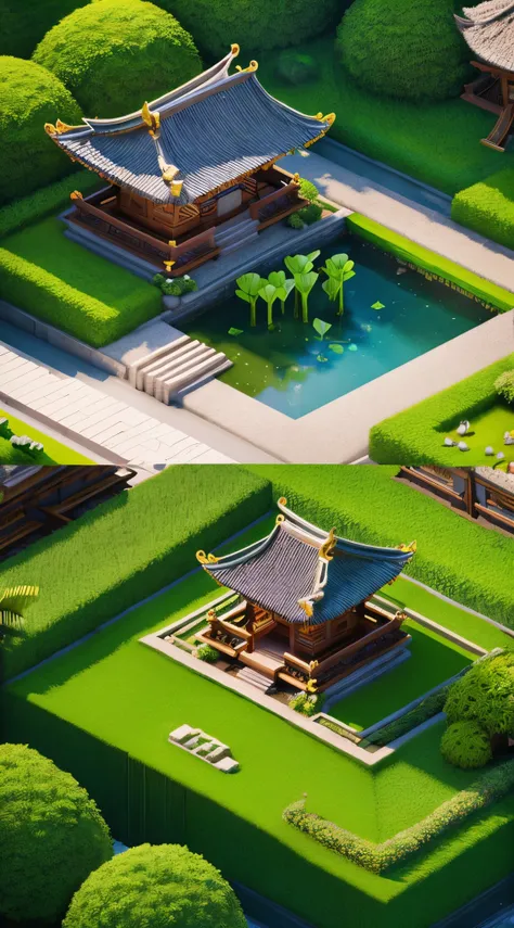 (Isometric 3D),(masterpiece),  (Highly detailed CG Unity 8K wallpaper), (highest quality), (best illustrations), (best shadow),, cute , bali temple, Round turnip hut covered in moss, ,octane rendering,ray tracing,super detailed