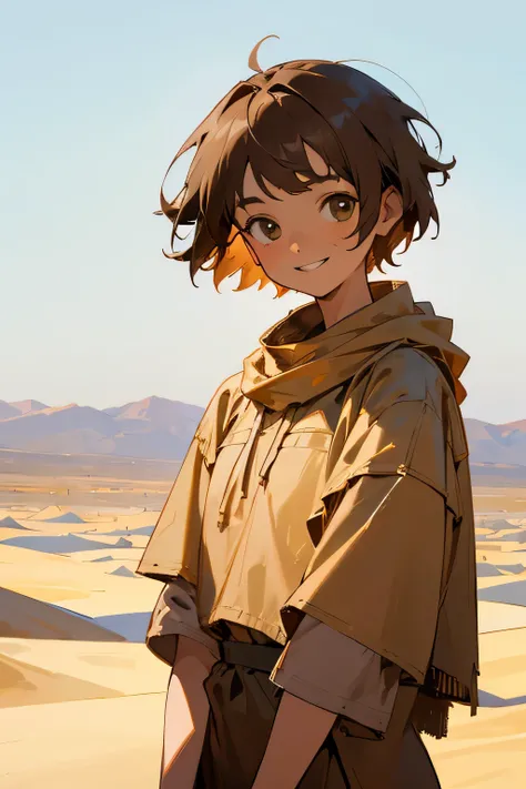 with light brown short hair and a warm smile wearing rags on a desert background.