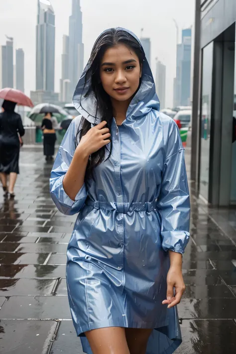 Beautiful 26 year old Indonesian woman standing in the rain in Dubai, 4k high definition, realism, umbrella in hand, long wet dress, hair combed back, amazed expression on her face, raindrops on her nose and lips, puddles on the sidewalk, the city skyline ...