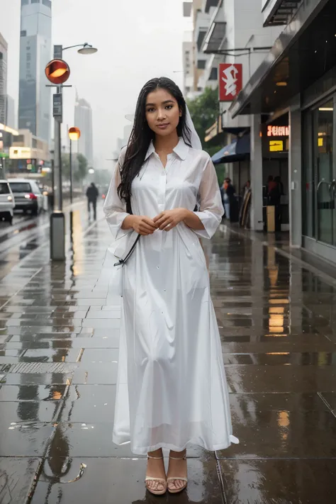 Beautiful 26 year old Indonesian woman standing in the rain in Dubai, 4k high definition, realism, umbrella in hand, long wet dress, hair combed back, amazed expression on her face, raindrops on her nose and lips, puddles on the sidewalk, the city skyline ...