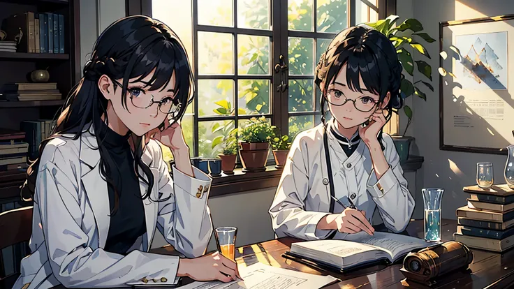 (highest quality、masterpiece、High resolution)、(Sargent-style watercolor)、(anime art)、soft light、((1 woman))、((looking at documents))、17 years old、18-year-old、medium short hair、semi-long、hair up、black hair、dark brown hair、braided hair、glasses、detailed depic...