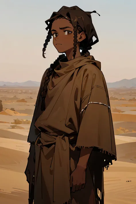 Young man with dark brown braids and brown skin looking tired, wearing rags in a desert background