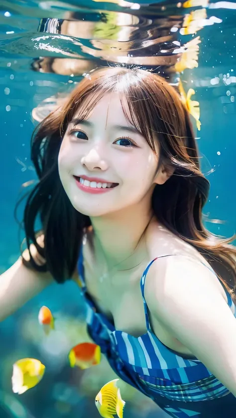 Beautiful and delicate portrait of playful cute girl smiling, (of the highest quality, masterpiece, Ultra-realistic) And petals floating in the Sea.