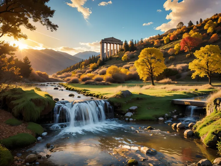 aqueducts in a stream, roman architecture, trees around the building, active water current, falling leaves, solar tone reflectin...