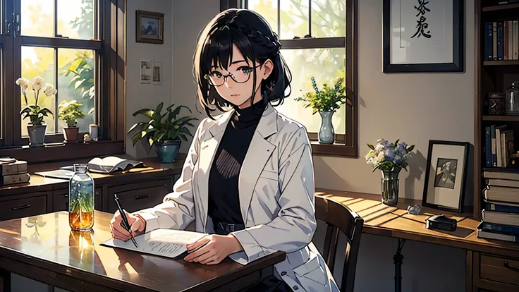 (highest quality、masterpiece、High resolution)、(Sargent-style watercolor)、(anime art)、soft light、((1 woman))、((looking at documents))、17 years old、18-year-old、medium short hair、semi-long、hair up、black hair、dark brown hair、braided hair、glasses、detailed depic...