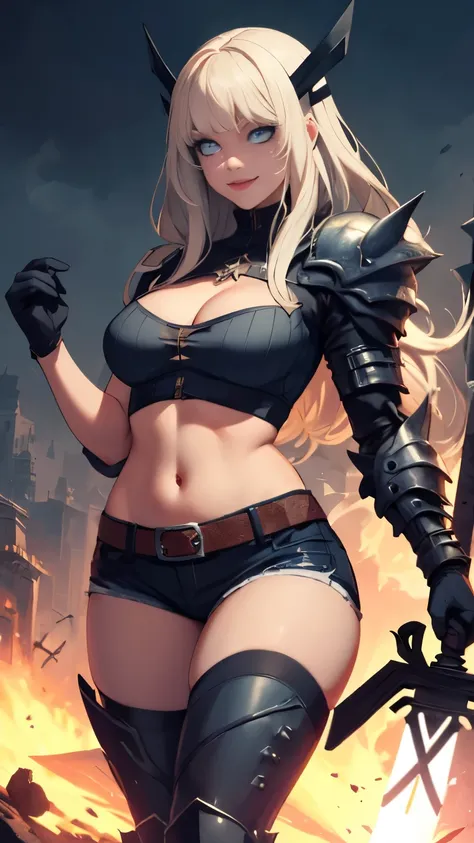 (Highly quality, masterpiece, detailed), undead city detailed scenario, undead city detailed background, 1girl, Magik, midriff, thigh highs, gloves, short shorts, cleavage, soul sword, evil smile, armored left arm, glowing blue eyes, navel, perfect face, b...