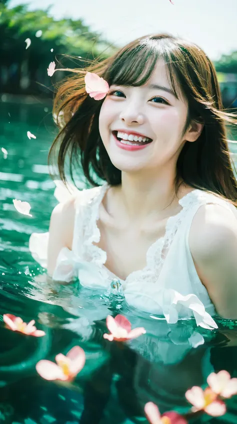 Beautiful and delicate portrait of playful cute girl laughing, (of the highest quality, masterpiece, Ultra-realistic) And petals floating in the Emerald Green Sea