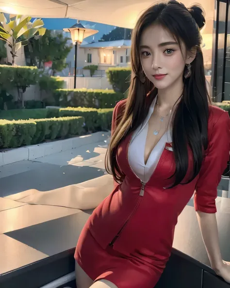 (masterpiece:1.2, highest quality:1.2), 32K HDR, High resolution, (alone, 1 girl), （Ultra-realistic portrait of an AirAsia stewardess in uniform）, neat woman, beautiful face, dark brown hair, (Long hair down to the waist), (red jacket:1.1, Unzipped jacket,...