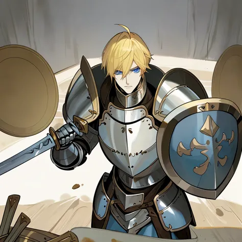 Paladin man with blonde hair, white complexion, blue eyes, has dirty plate armor, a large shield and a sword.