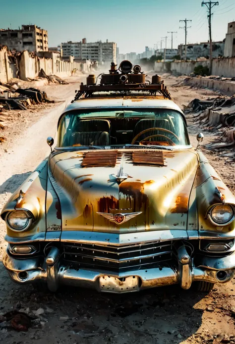 faithful image of an old rusty 1955 cadilac eldorado with METAL spikes on the hood, War vehicle, COM MUITOS ESPINHOS AO REDOR. RODAS GROSSAS, military style with modifications, the car is racing on a street suspended over a destroyed white concrete overpas...