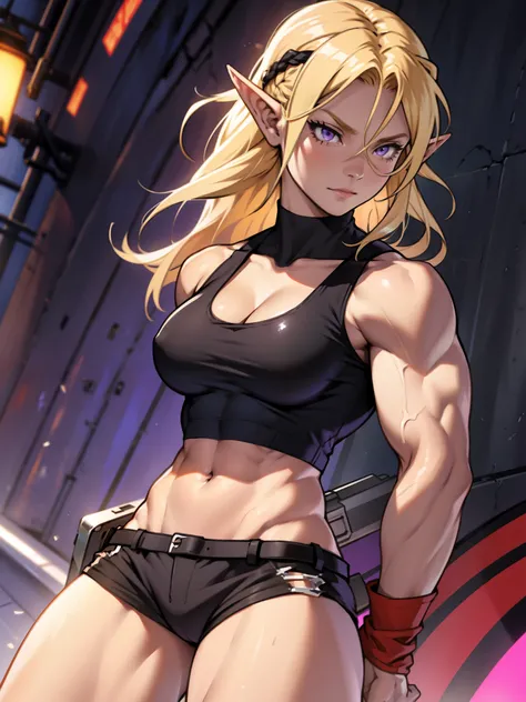 ((1 girl)), (solo), elf with pointy ears, (((muscular body))), purple eyes, blonde hair, long hair, average breasts, cowboy shot, wearing a black tank top