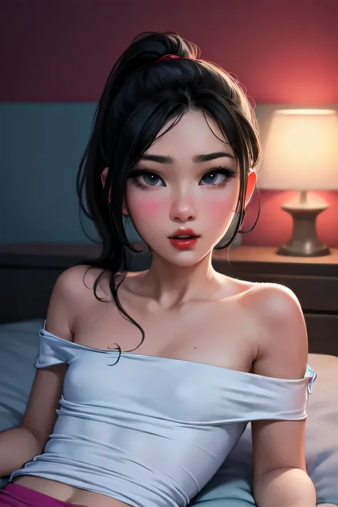 Close up shot, cute , black hair in two medium ponytails, sexy eyes, intense eye contact, small nose, red lips, orgasmic face, neck, collarbone, loose dark pink t shirt, bare shoulder, lying in bed, bed, bedroom, dark room, one lamp,, in bed