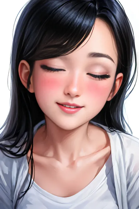 Amazing portrait of a sexy woman wearing her long straight luscious black hair, seductively gazing and smiling, soft lips, parted, blushing intensely, smiling, white t shirt, grey cardigan, baggy jeans, medium chest, perfect body