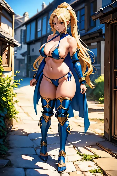 a 18 years old japanese teenage girl with long blonde twintail hair and dark blue eyes. (((Very large Breasts))). She wearing a ((blue bikini armor)) with golden accent and white cloak on her back. Full Body. Dynamic pose. Action Pose. Background at the ci...