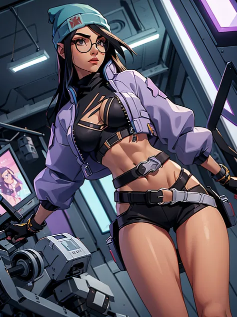 beanie,belt,big breasts,cybernetics,g-string,glasses,high tagia,jacket,micro bikini,revealing clothes,skimpy,visible breasts