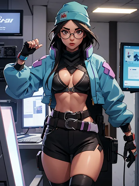 beanie,belt,big breasts,cybernetics,g-string,glasses,high tagia,jacket,micro bikini,revealing clothes,skimpy,visible breasts