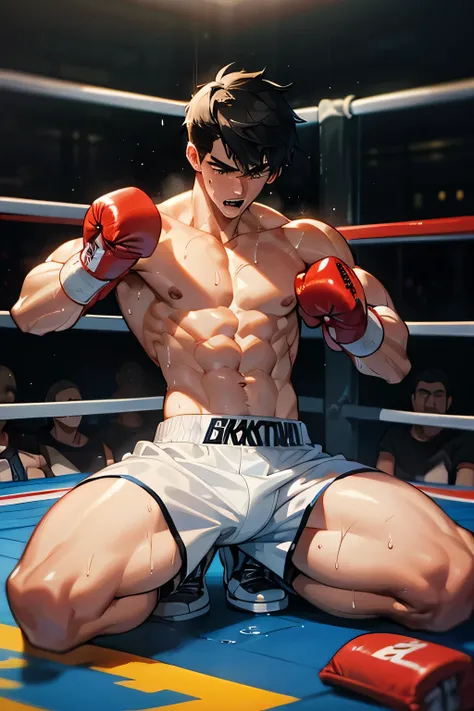 shirtless, super muscular, sweat-drenched body, 22-year old short black hair handsome caucasian male wearing boxing gloves, sweat-drenched white boxing shorts and boxing shoes, panting, getting knocked out in the ring, sitting on the floor, very exhausted,...