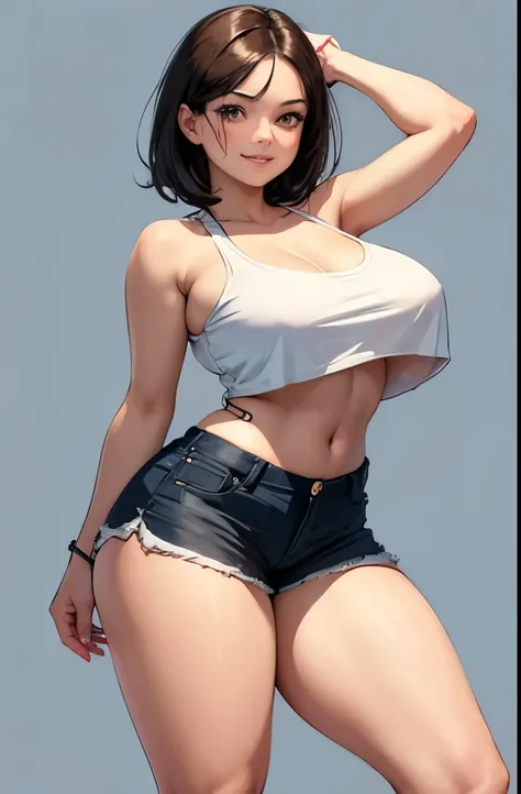 (best quality, masterpiece:1.2), Sketch full view of a hot looking fair skin 29 year old woman standing in front of us. She has brown eyes and short straight black hair. She has big breasts, playful smile. She has a nice curvy physique. She is wearing a cr...