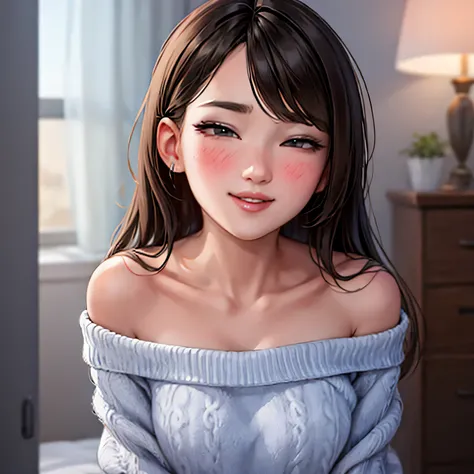 Sexy and cute woman, brown bangs, seductive gaze, blushing intensely, smiling, parted lips, oversized sweater, bare shoulders