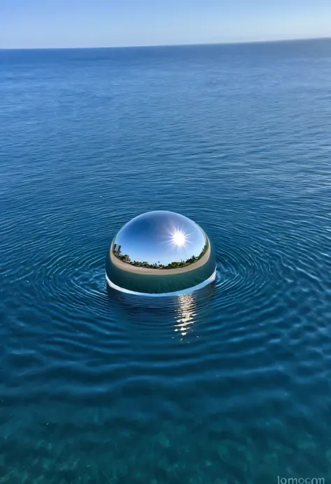 perfectly smooth metal sphere floating above the water of an ocean, sem praia, clear sky, reflection of water and sun.