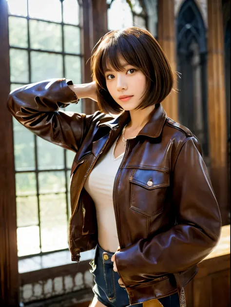 semi-realistic anime style、a slim girl with a cute short belly haircut、wear a miniskirt、wearing a sweater、((brown leather jacket...