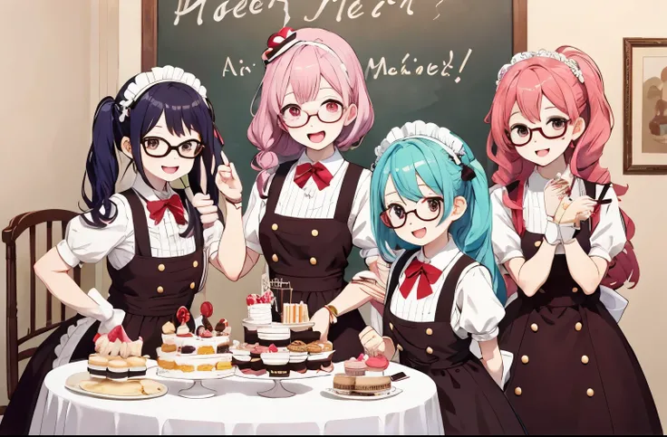 4+ Girl with glasses, Multiple colored hair, sweet maids, random cute faces, All of them wear glasses.、Super happy smile, open your mouth, group shot, Zoom, sweet tea , Lots of cakes, Macaron, chocolate, perfection, cookie, Candy Country