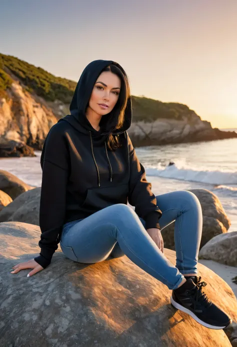 woman, 30 years old, black hair, black sweatshirt with hood, tight jeans, medium bust, wide hips, perfect fingers, on the beach, sitting on a rock, dynamic pose, sunset landscape in the background, looking at the camera, looking at the viewer