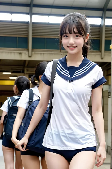 girls walking in railway station,white sailor shirt over navy blue school swimsuit,school bag,18-year-old,bangs,a little smile,thighs,knees,short hair and low ponytails with barrette,from below,front light