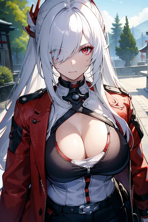 (best quality:1.3), (masterpiece:1.3), (illustration:1.3), (ultra-detailed:1.3), (mid shot:0.9), 1girl, white hair, (((large breasts))), red eye, long hair, ((hair over one eye)), serious expression, ((red jacket)), long sleeves, open clothes, long pants, ...