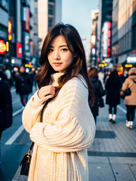 realistic, 8K full body portrait, Beautiful woman, attractive look, Clear type, 20-year-old, Tokyo, winter, With Shibuya in the background