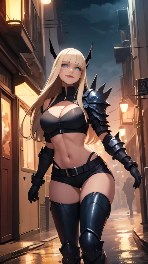 (Highly quality, masterpiece, detailed), night city detailed scenario, night city detailed background, 1girl, Magik, midriff, thigh highs, gloves, short shorts, cleavage, evil smile, armored, glowing blue eyes, navel, perfect face, beautiful eyes, looking ...